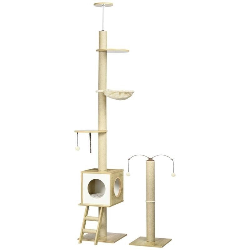 ALBERO PER GATTI IN TRUCIOLATO AD ALTEZZA REGOLABILE CON TIRAGRAFFI, CASETTA, AMACA E PALLINA, 40X40X225-285 CM