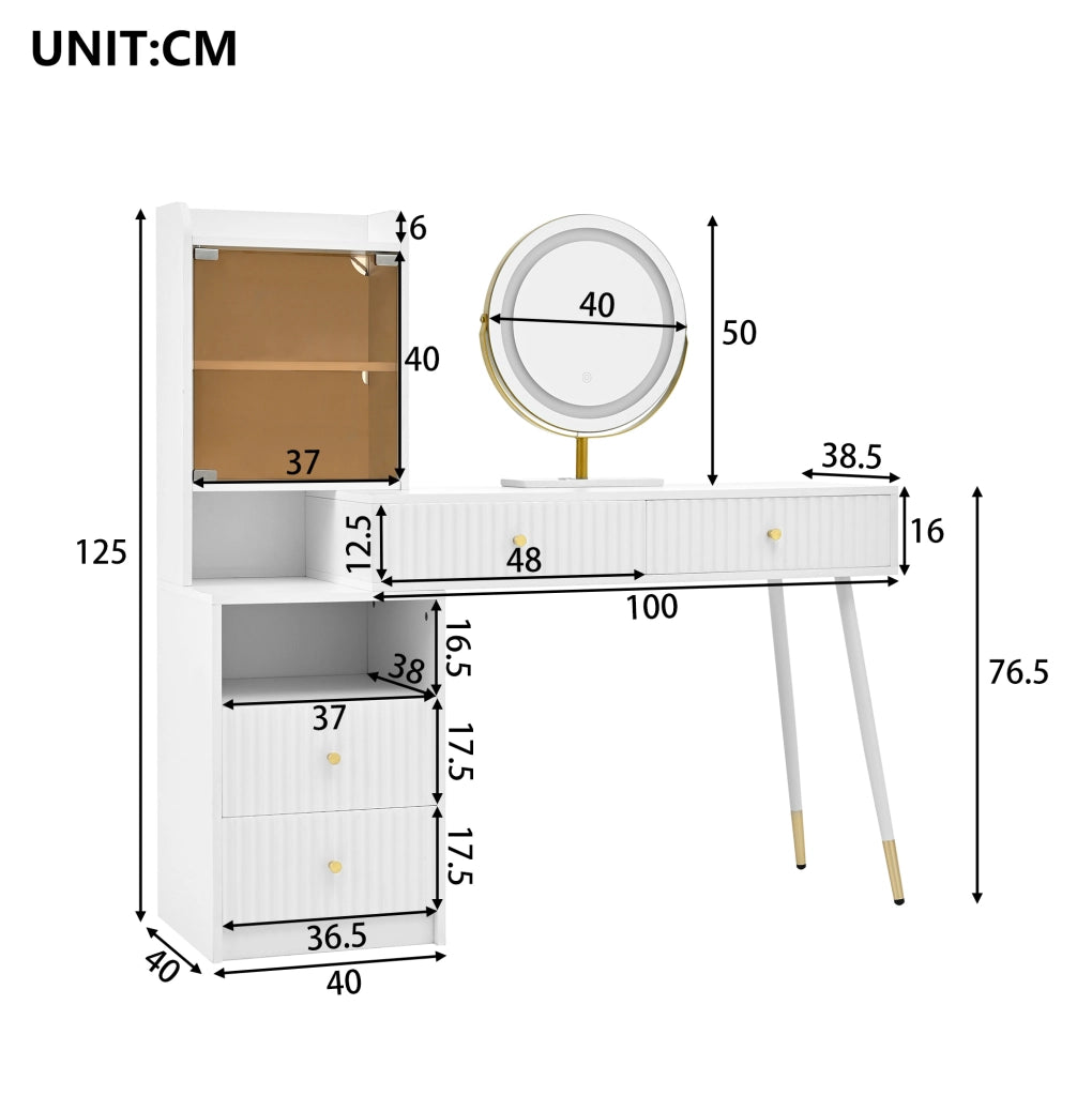 Tavolo da trucco 100x40x125 cm con specchio LED a tre colori; 4 cassetti; pannello truciolare bianco
