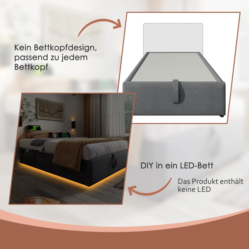LETTO Contenitore 90x190 cm Grigio con USB e Type-C