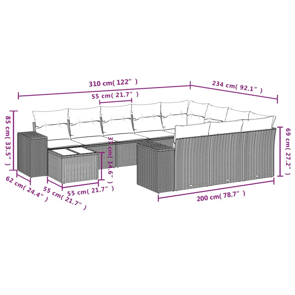 Set Divani da Giardino 11 pz con Cuscini in Polyrattan Grigio
