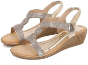 Sandali femminili con suola a scorrimento - Sandali estivi - Luminosi - Comodi - Piattaforma bohemienne - Coda elastica con decorazione di strass