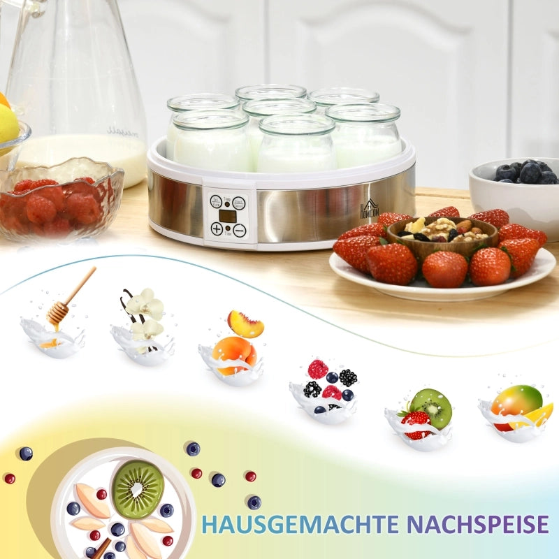 Yogurtiera, con 7 vasetti inclusi, in acciaio inox, 24 cm x 24 cm x 13 cm, argento + bianco