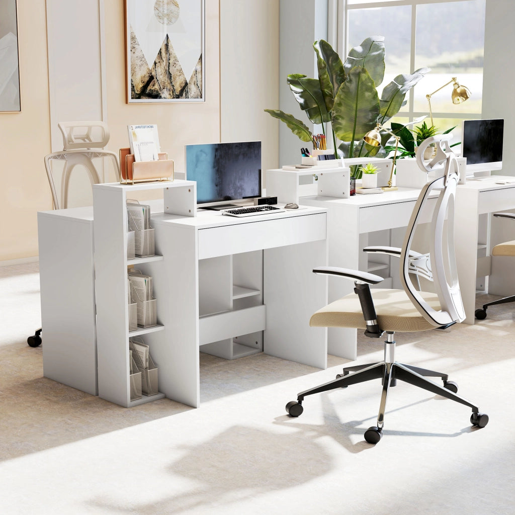 Scrivania Moderna 100x40x90 cm con Ripiani e Cassetto in Legno Bianco