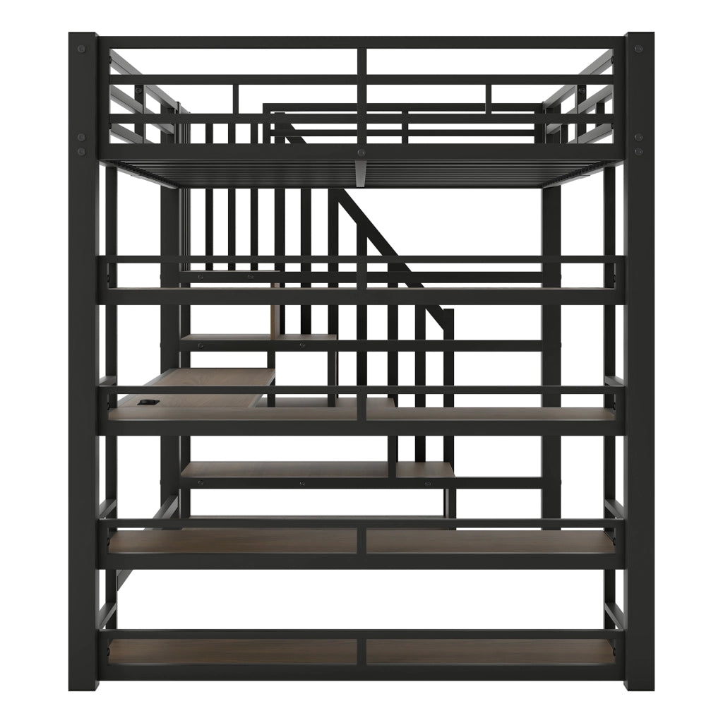 Letto a soppalco 140x200 cm con scrivania; scala contenitore; stazione USB e illuminazione LED; metallo nero