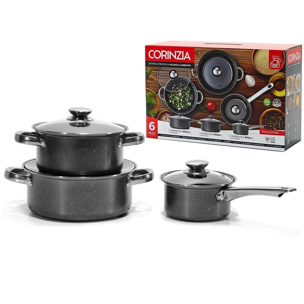 Trade Shop - Set Batteria Di Pentole Cucina In Acciaio Al Carbonio Da 6pz Antiaderente Antigraffio -