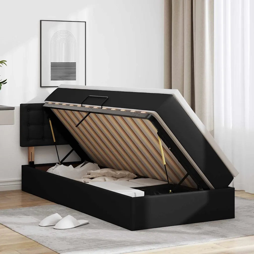 Letto con contenitore e LED Nero 100 x 200 cm Pelle Sintetica