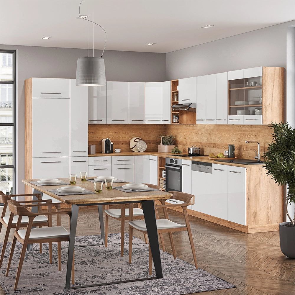 Cucina angolare completa Fame-Line Bianco lucido/Rovere dorato 347 x 60 cm, PL Rovere Vicco