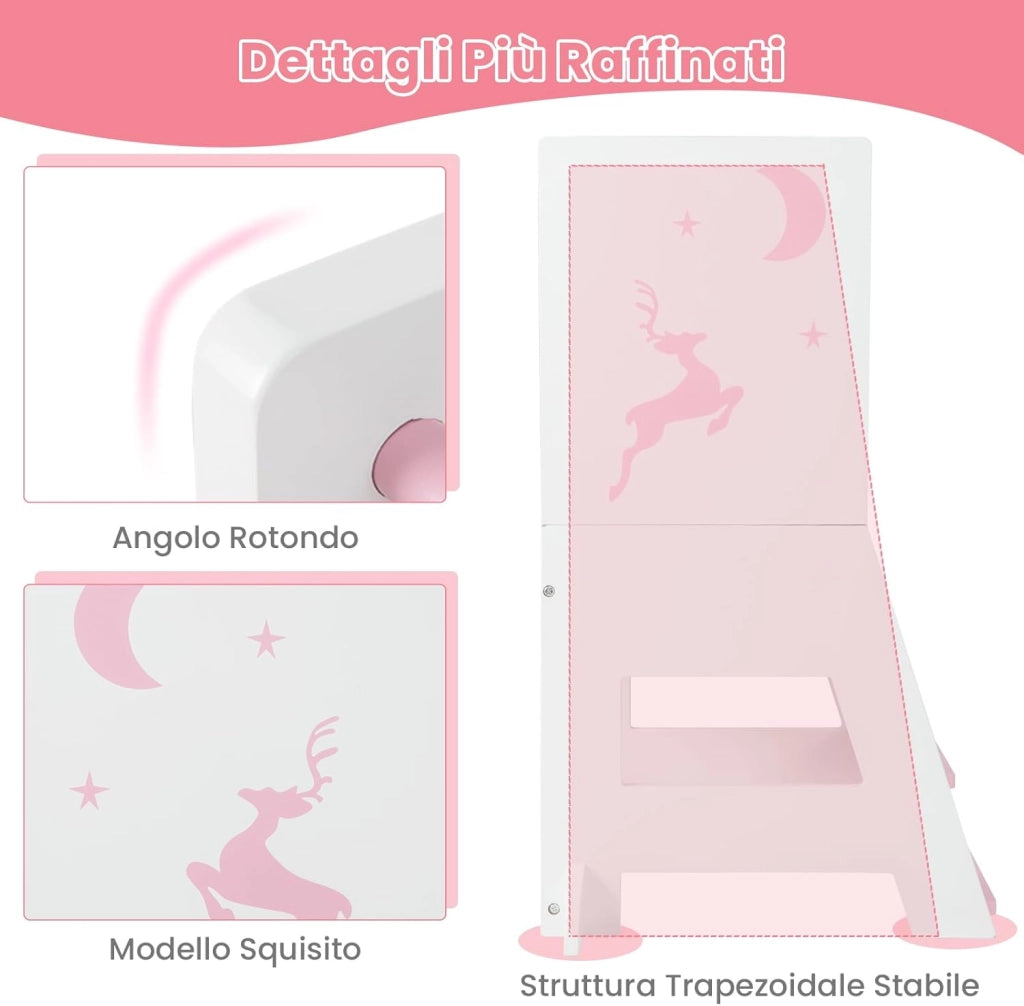 Torre per Bambini 2 in 1, Sgabello da Cucina per Bambini con Lavagna, Piattaforma e Gradino Regolabili, per Bambini da 1 a 7 Anni, Capacità di Carico 70 kg (Rosa)