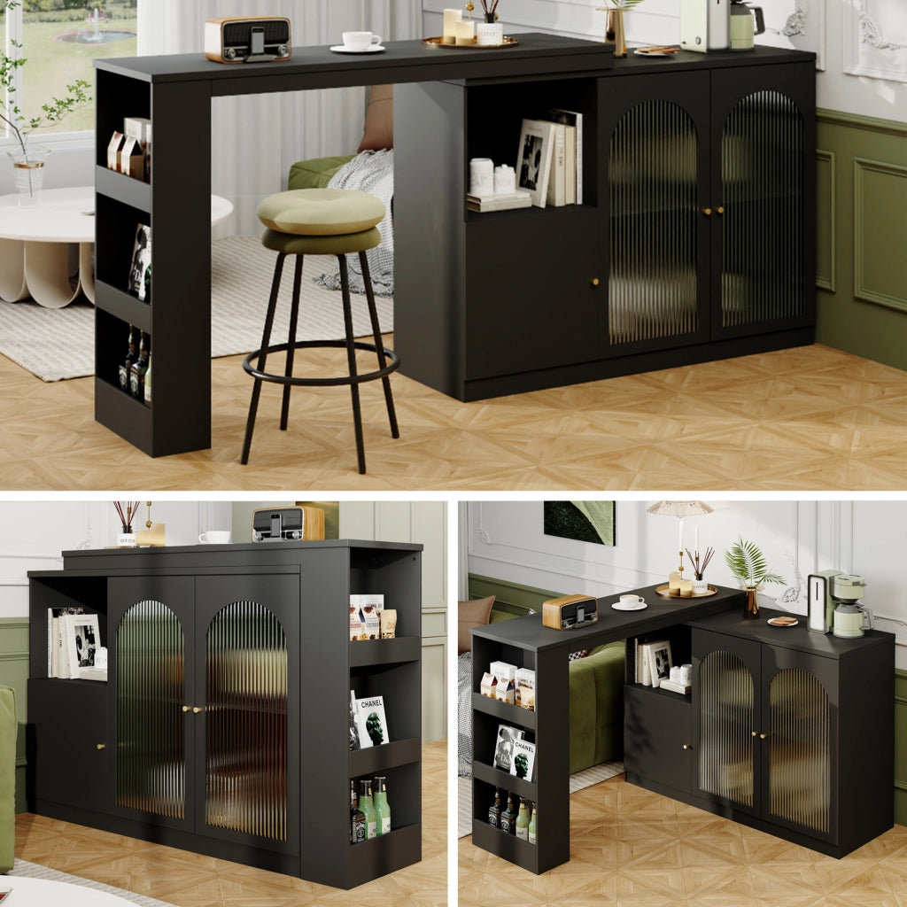 Mobile bar girevole a 360° con ante in vetro; MDF nero