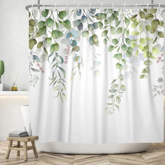 Douchegordijn con Foglie di Eucalipto e Fiori - 180 x 180 cm - Impermeabile e Lavabile - Decorazione per la Stanza d'Acqua