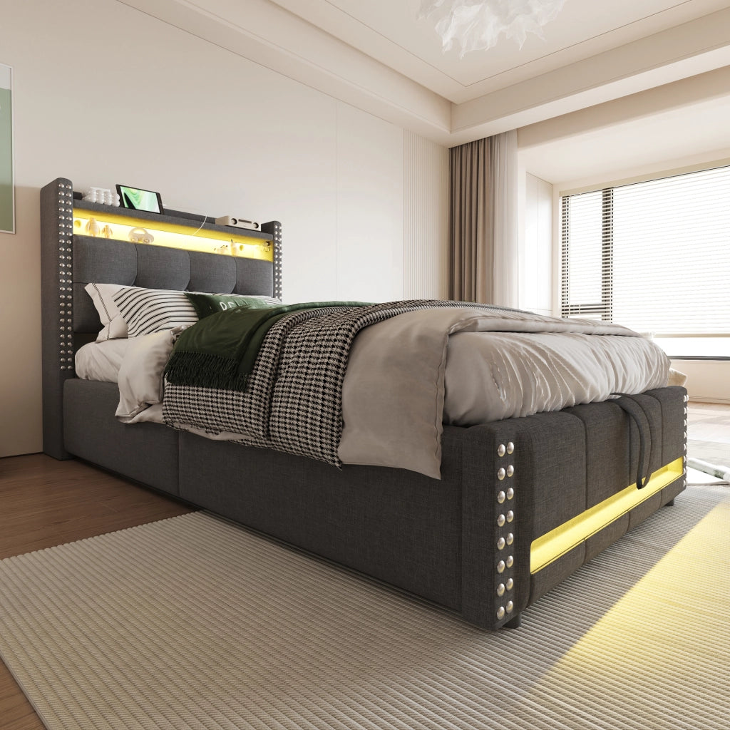 LETTO imbottito con LED, USB e contenitore 90x200 cm grigio
