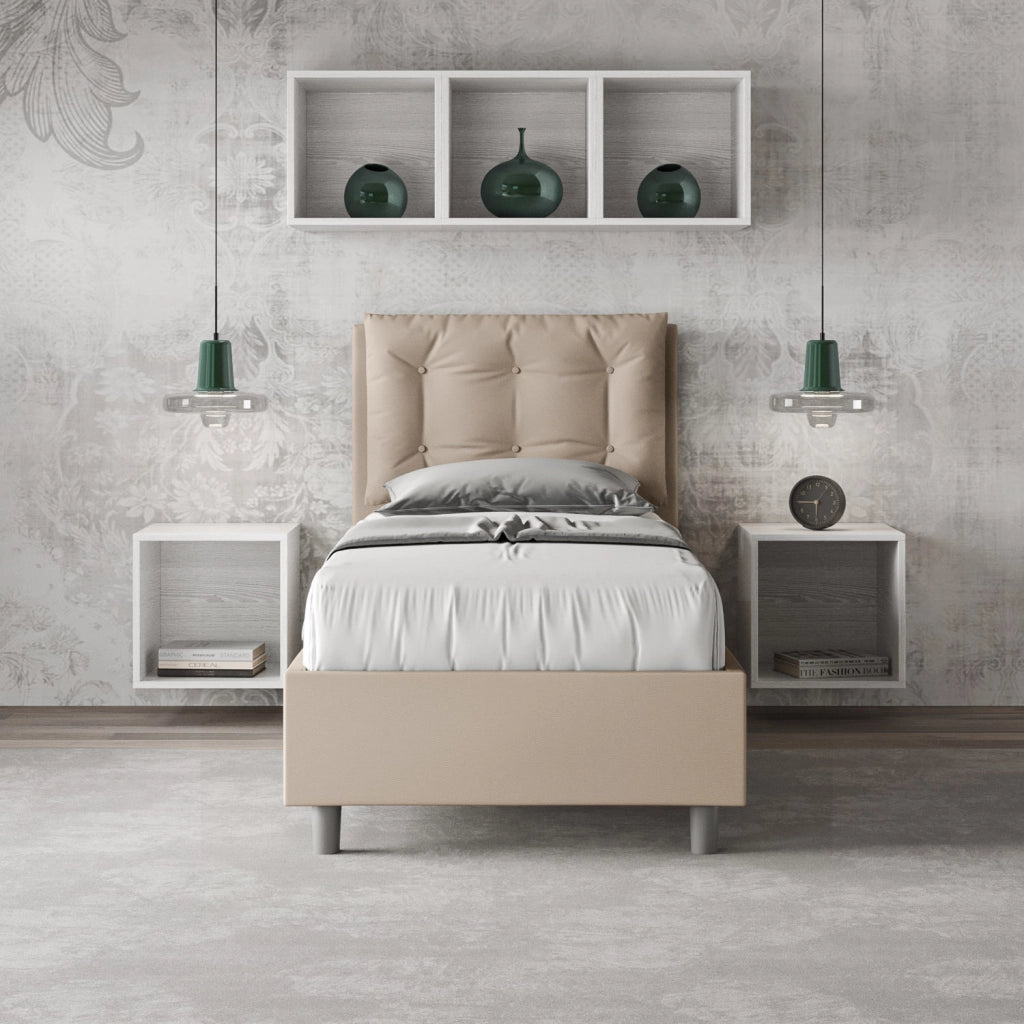 BS COM Letto singolo con rete imbottito 80x200 similpelle tortora