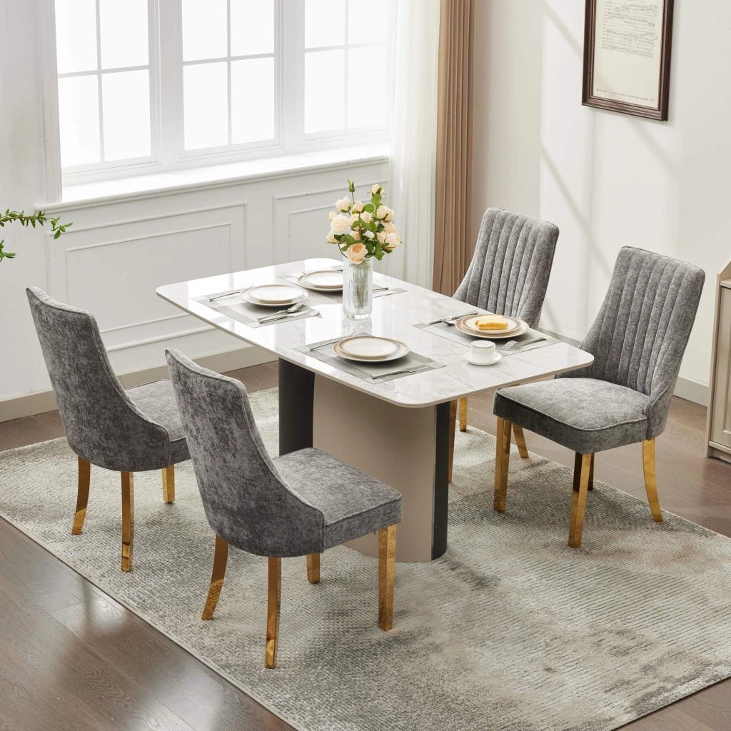 Sedia da pranzo set di 2 in chenille con schienale alto e gambe dorate grigio moderna per sala da pranzo