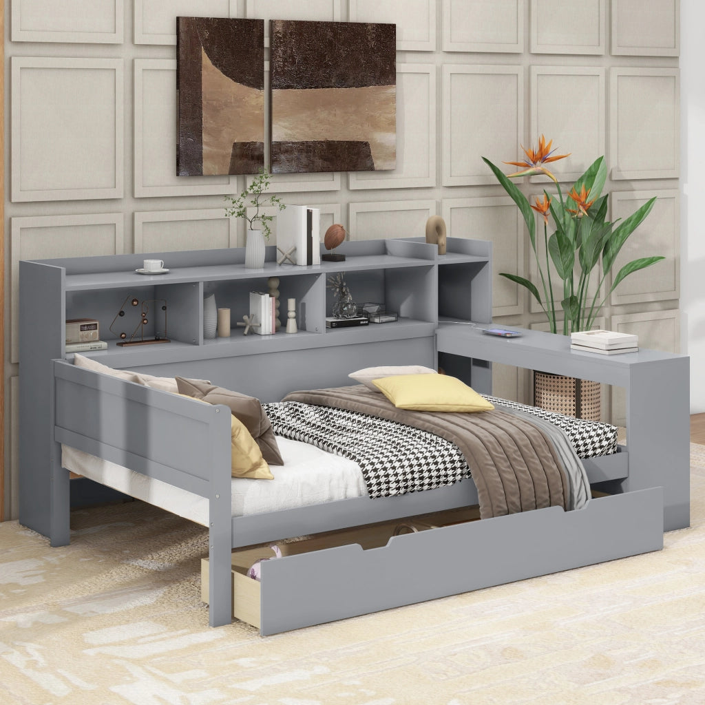Letto singolo salvaspazio 90×200 cm con 2 cassetti; USB; prese e scrivania; senza materasso; grigio