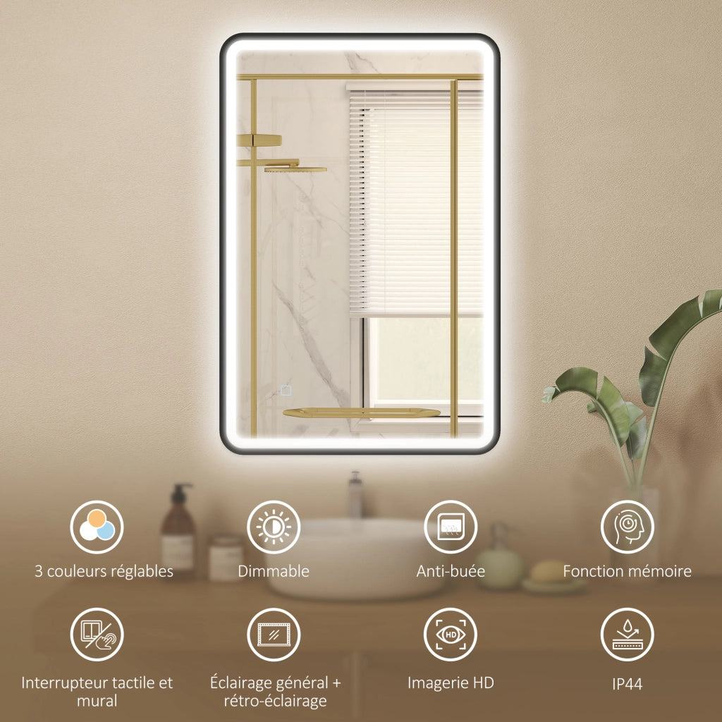 Specchio bagno LED 90x60cm ¨C Xylo ¨C illuminazione parete anti-appannamento 3 colori dimmerabile nero