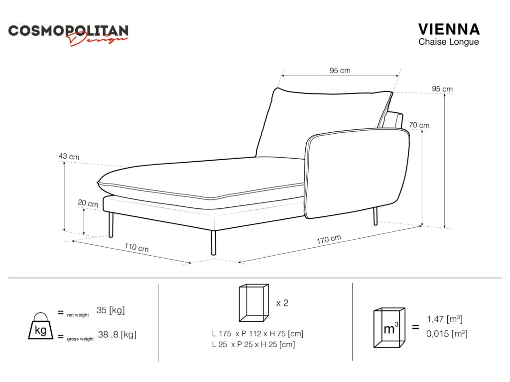 Cosmopolitan Design - Chaise longue destra "Vienna" in tessuto strutturato grigio chiaro 