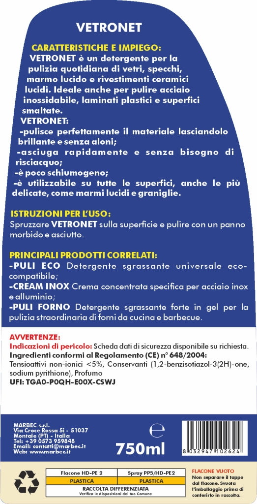 Come pulire i vetri e le superfici lucide VETRONET   750ML