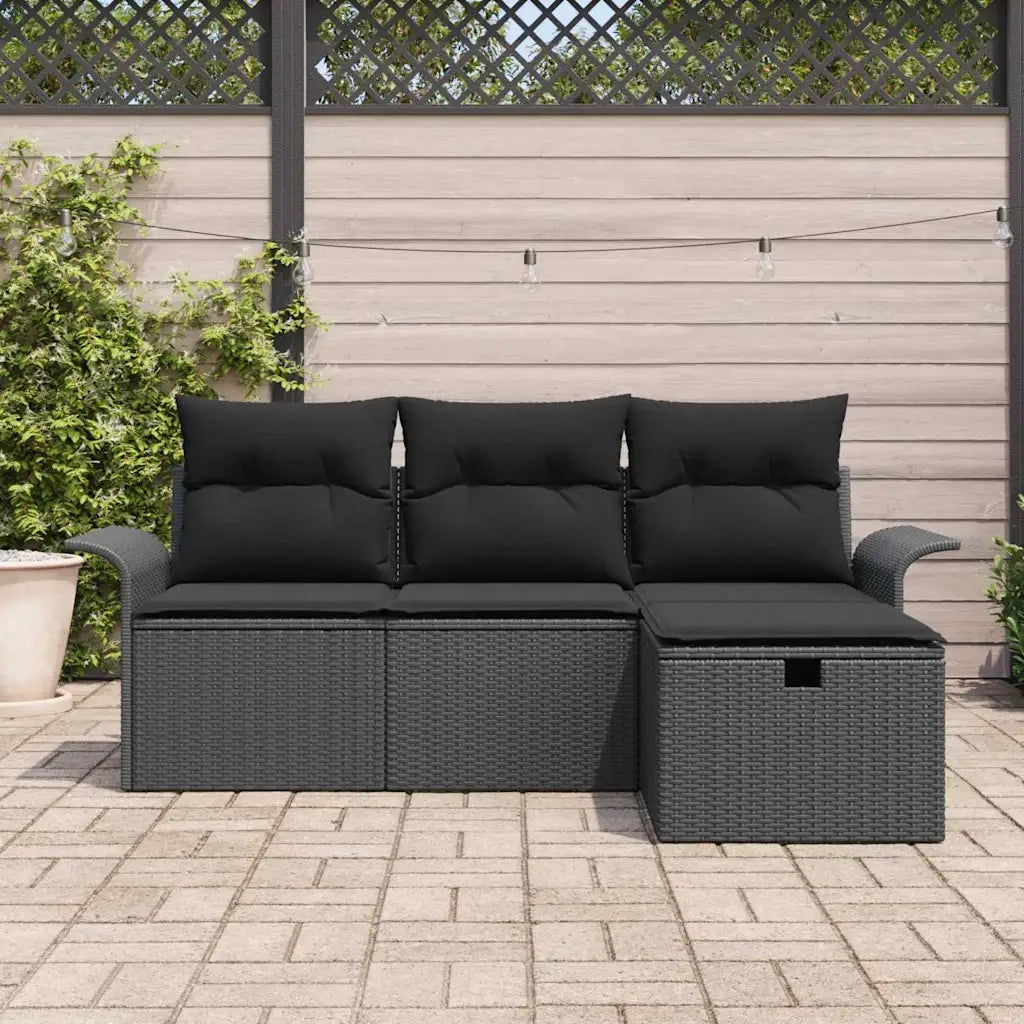 Set Divano da Giardino con cuscino 4 pcs Nero polyrattan