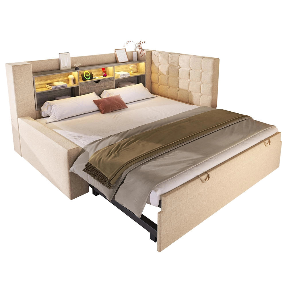 Letto imbottito con letto a scomparsa - Xylo - 90x200 cm - Beige - LED, testiera a L con spazio di archiviazione