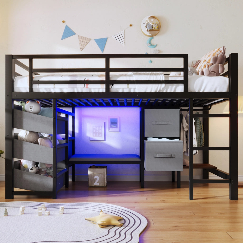 LETTO a metà altezza 90x200 cm Metallo Nero con cuscino, LED e vani portaoggetti
