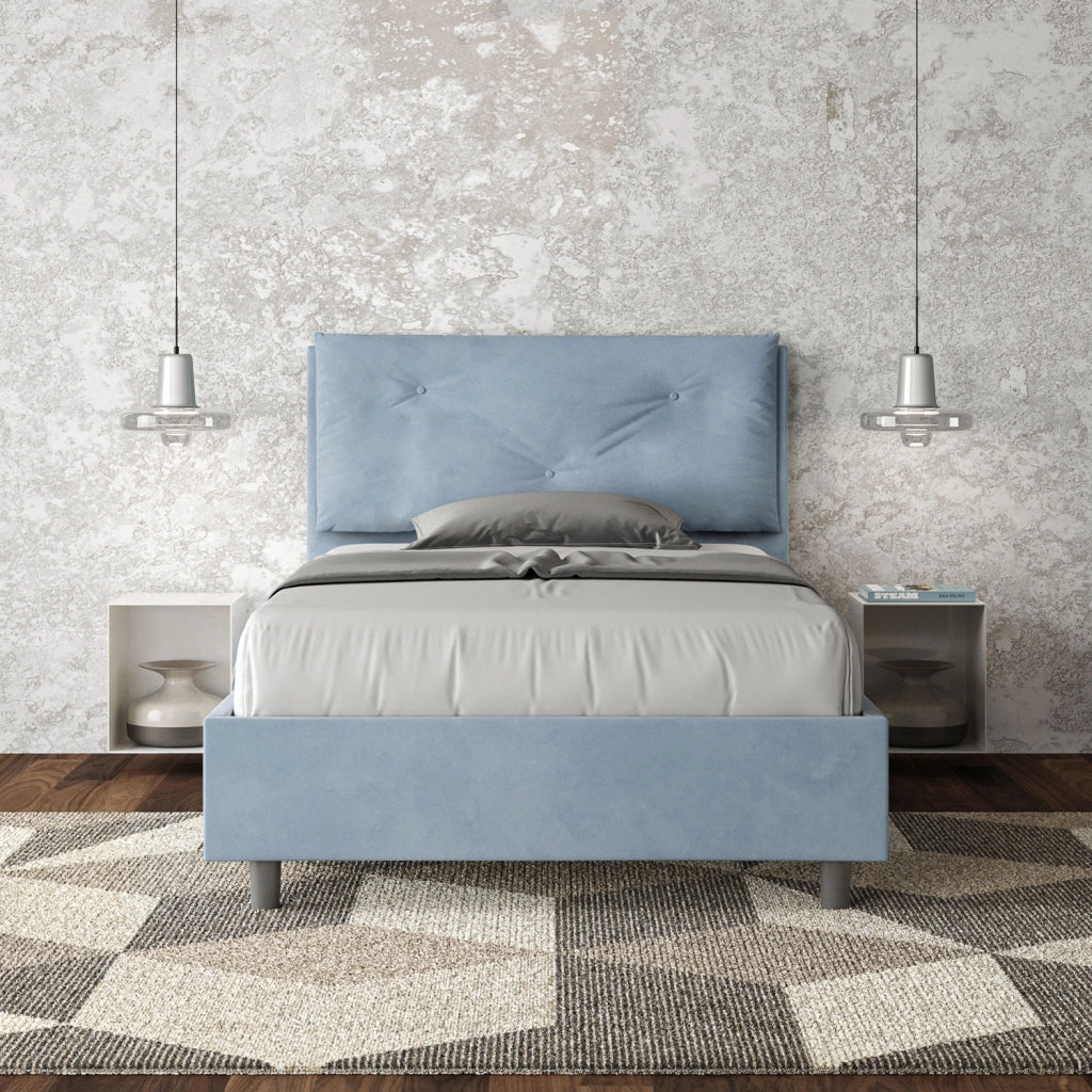 BS COM Letto una piazza e mezza con rete imbottito 130x190 microfibra azzurro Large
