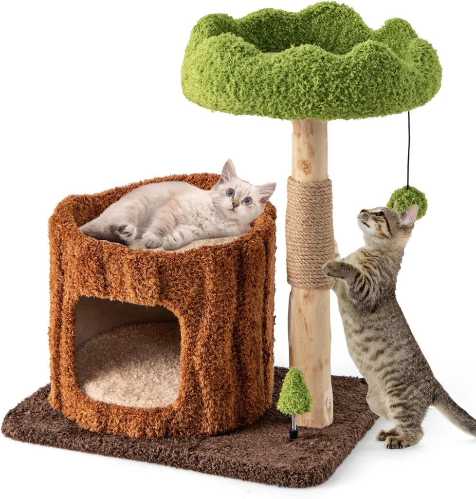 Tiragraffi a Forma di Albero per Gatti 73cm, Albero per Animali Domestici con Pali per Graffiare, Trespolo Superiore e Piattaforma Rotonda Ampia, Torre Moderno Interno, Marrone e Verde