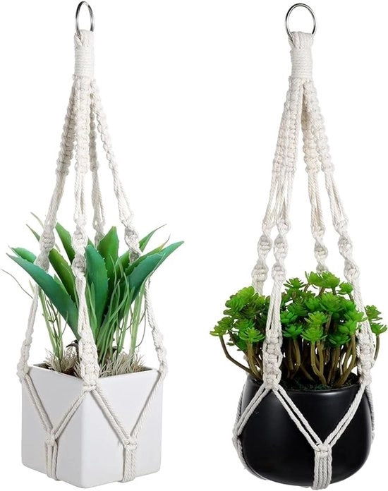 Set di corda macramé per piante da 2 pezzi in beige, corda manuale per piante da interni