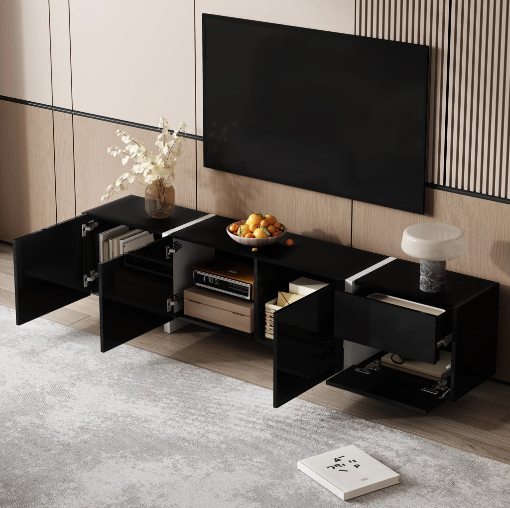 Mobile TV 170x30x39 cm con 3 ante; cassetto e anta a ribalta in truciolare nero e bianco