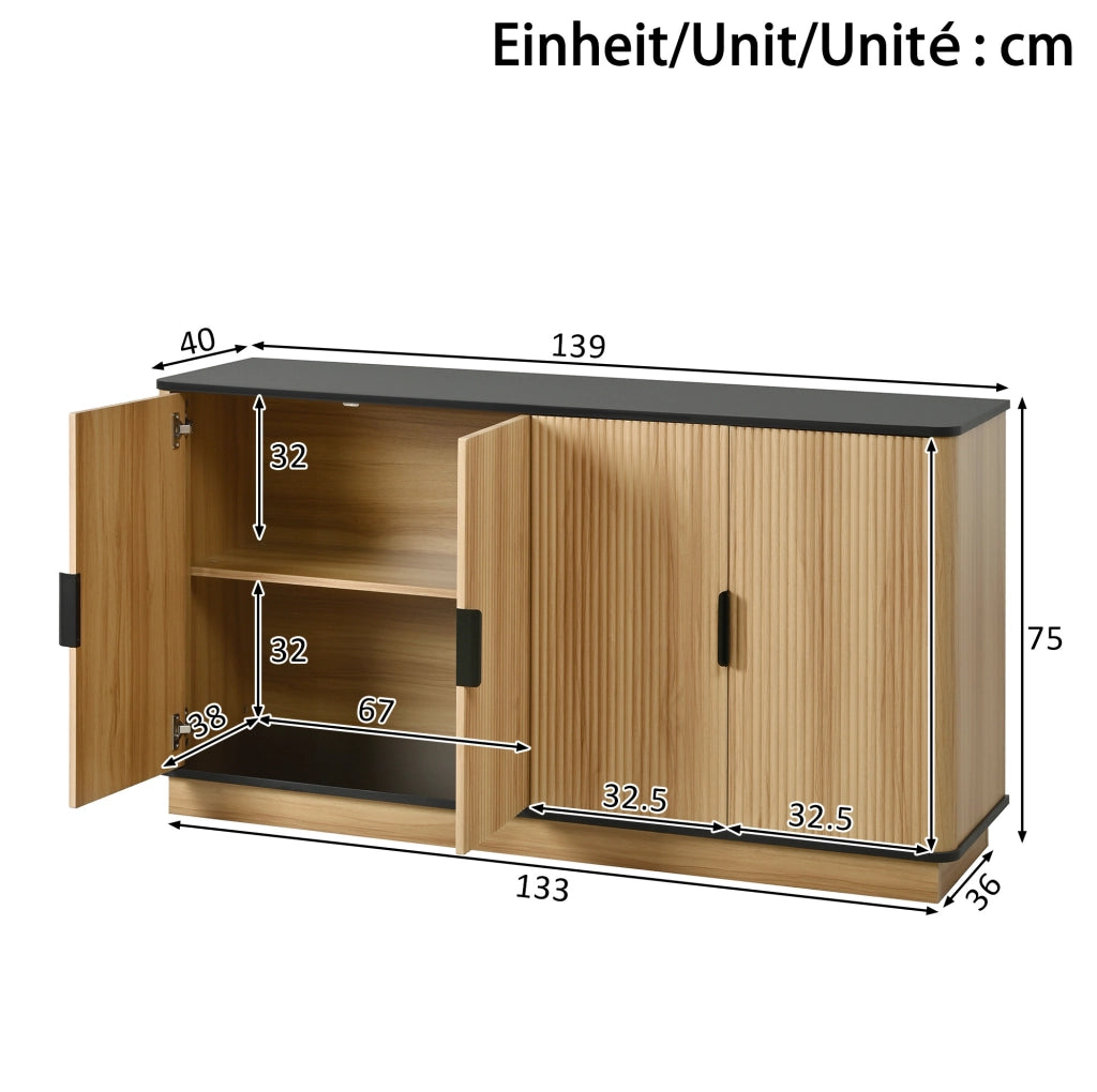 Credenza moderna 139x40x75 cm in legno naturale con 4 ante; struttura in truciolare