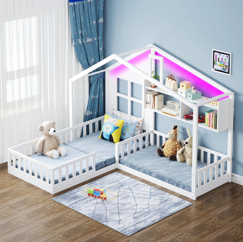 Letto per bambini a casetta con LED; mensole e sponde di sicurezza; 90x200 cm; bianco