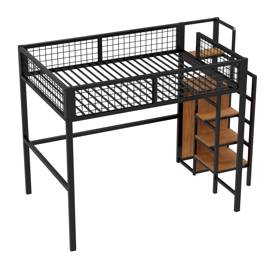 LETTO a soppalco 140x200 cm in metallo nero con scala e armadio
