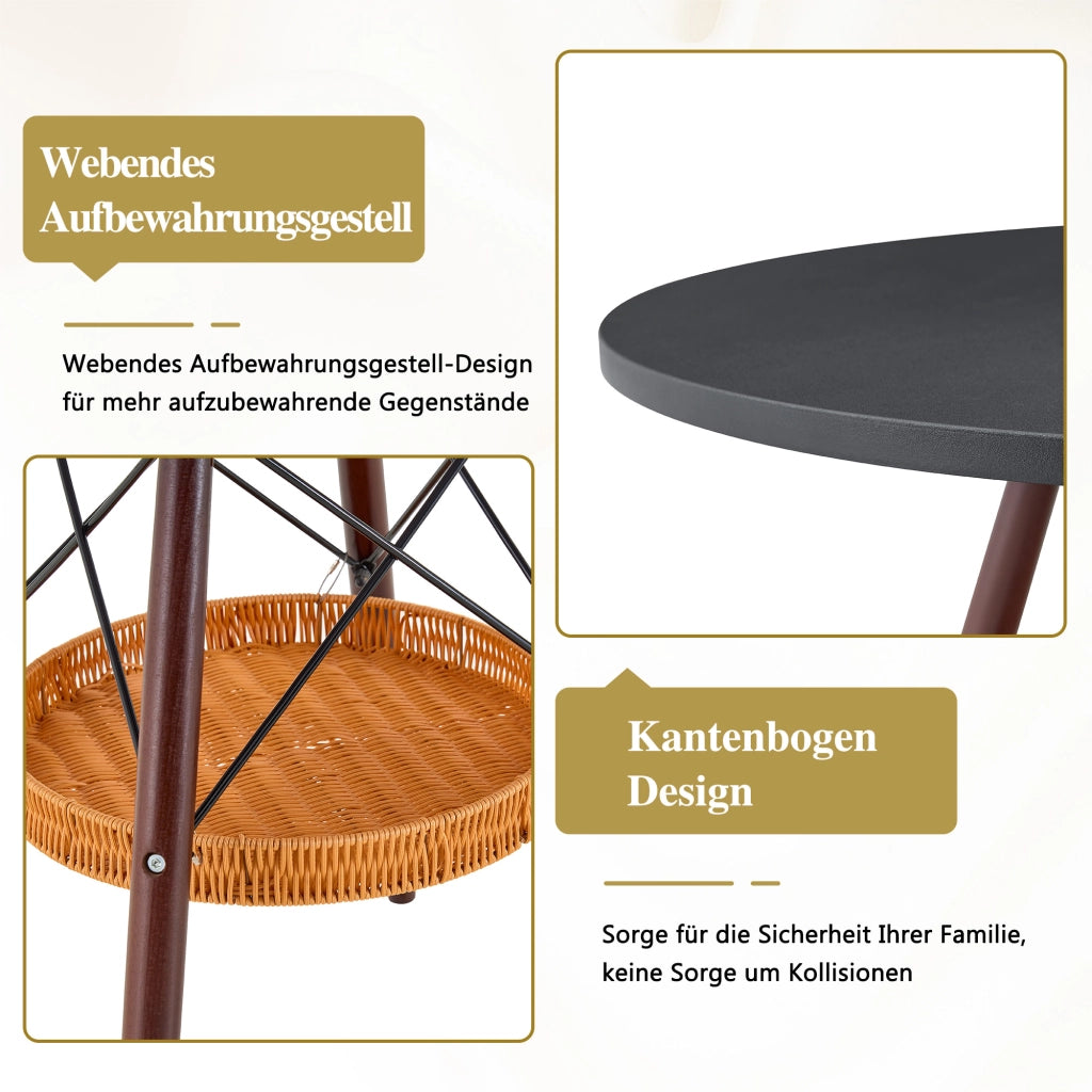 Tavolo da pranzo - rotondo Ø80 cm - MDF nero - gambe in noce massello - cesto intrecciato sospeso