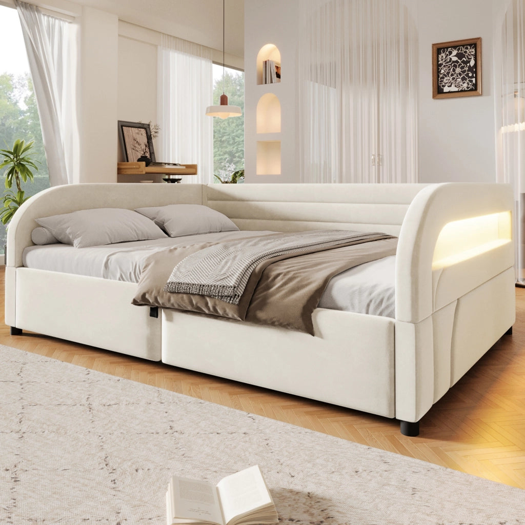 DESMIU Lit con contenitore 140 × 200 cm 2 posti con apertura idraulica, LED, senza materasso, in flanella, beige