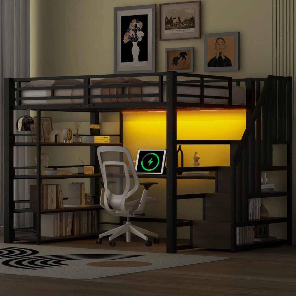 Letto a soppalco 140x200 cm con scrivania; scala contenitore; stazione USB e illuminazione LED; metallo nero