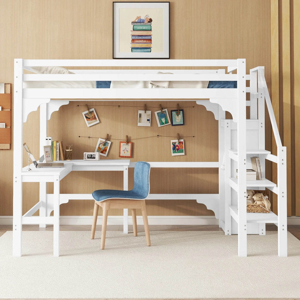 Letto a soppalco matrimoniale 140×200 cm con scrivania a L; armadio aperto e scala contenitore; bianco; senza materasso