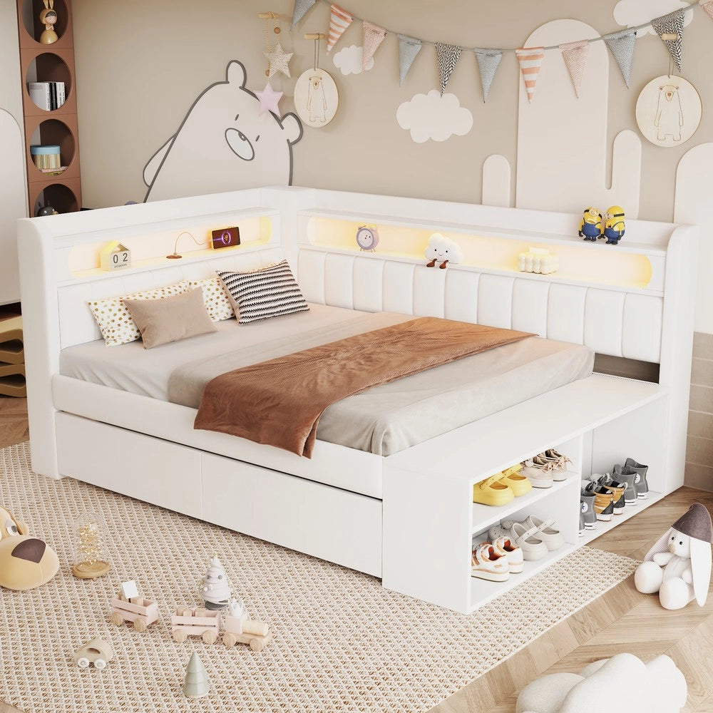 Letto Singolo Imbottito con Contenitore, USB, LED e Scarpiera ¨C Xylo ¨C Bianco 90x200