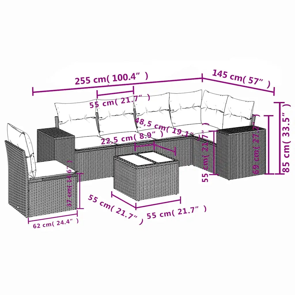 Set Divani da Giardino 7 pz con Cuscini Marrone in Polyrattan