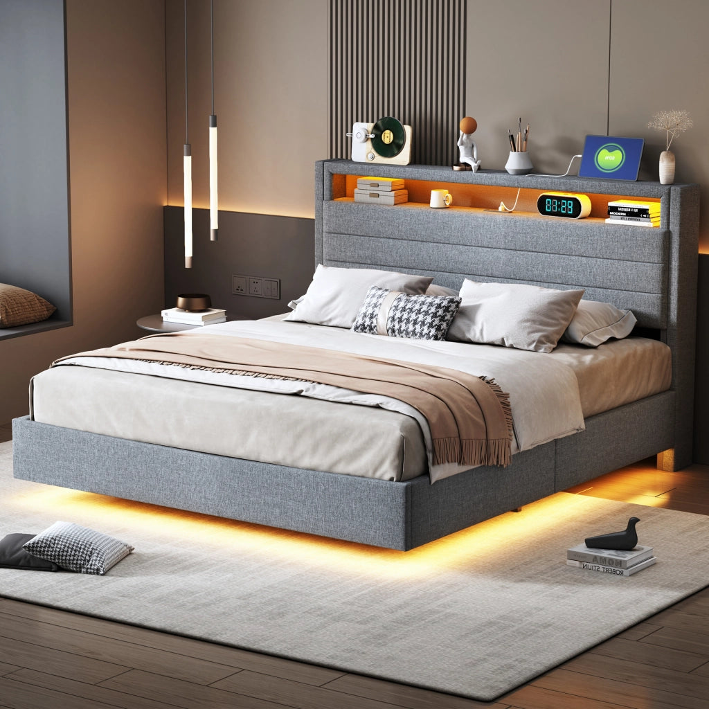 Letto matrimoniale imbottito fluttuante con contenitore idraulico; LED e porta USB; testiera girevole; lino grigio; 140x200 cm; senza materasso
