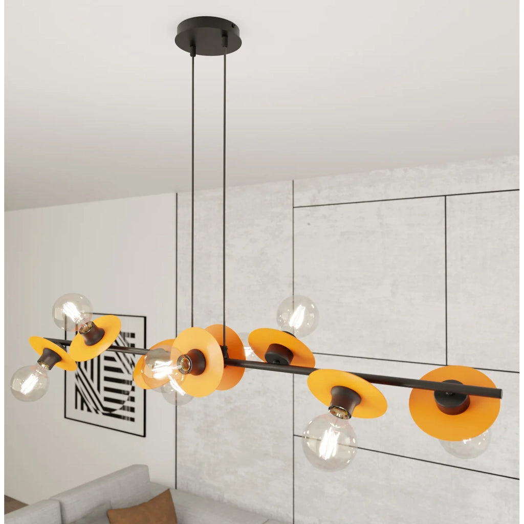 Lampadario 8 Luci Eos In Acciaio Nero E Arancio Con Barra E Diffusori A Piatti