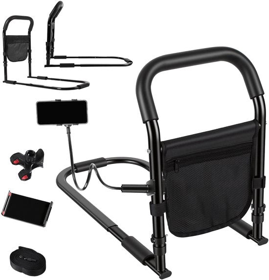 Sostegno del Letto per Anziani - Aiuto per Alzarsi con Regolazione di Altezza (45-62cm) - Con Cinturino e Orecchini per Telefono - Nero