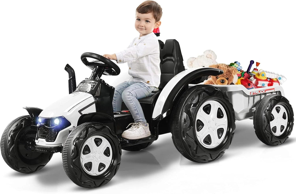 Trattore Elettrico per Bambini con Rimorchio, 2 in 1 Go Kart e Trattore per Bambini 3-8 Anni, con Telecomando e Cintura di Sicurezza a 2 Punti (Bianco)