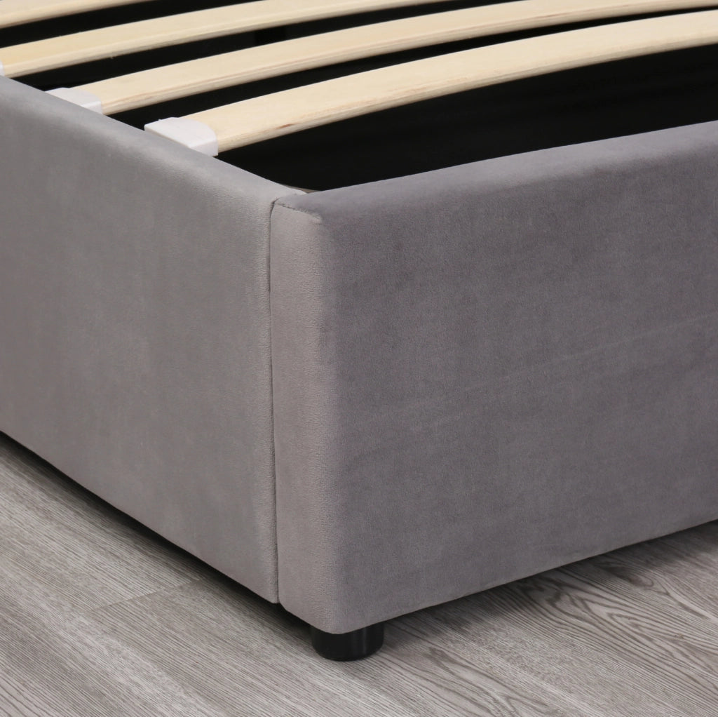 Letto imbottito in velluto grigio con contenitore e rete a doghe