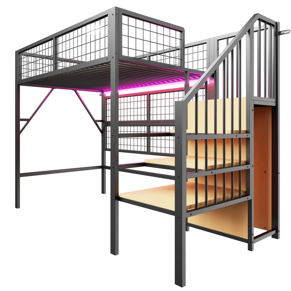 Letto a Soppalco con Scala Contenitore e LED ¨C MINIMAL ¨C Metallo Nero 90x200