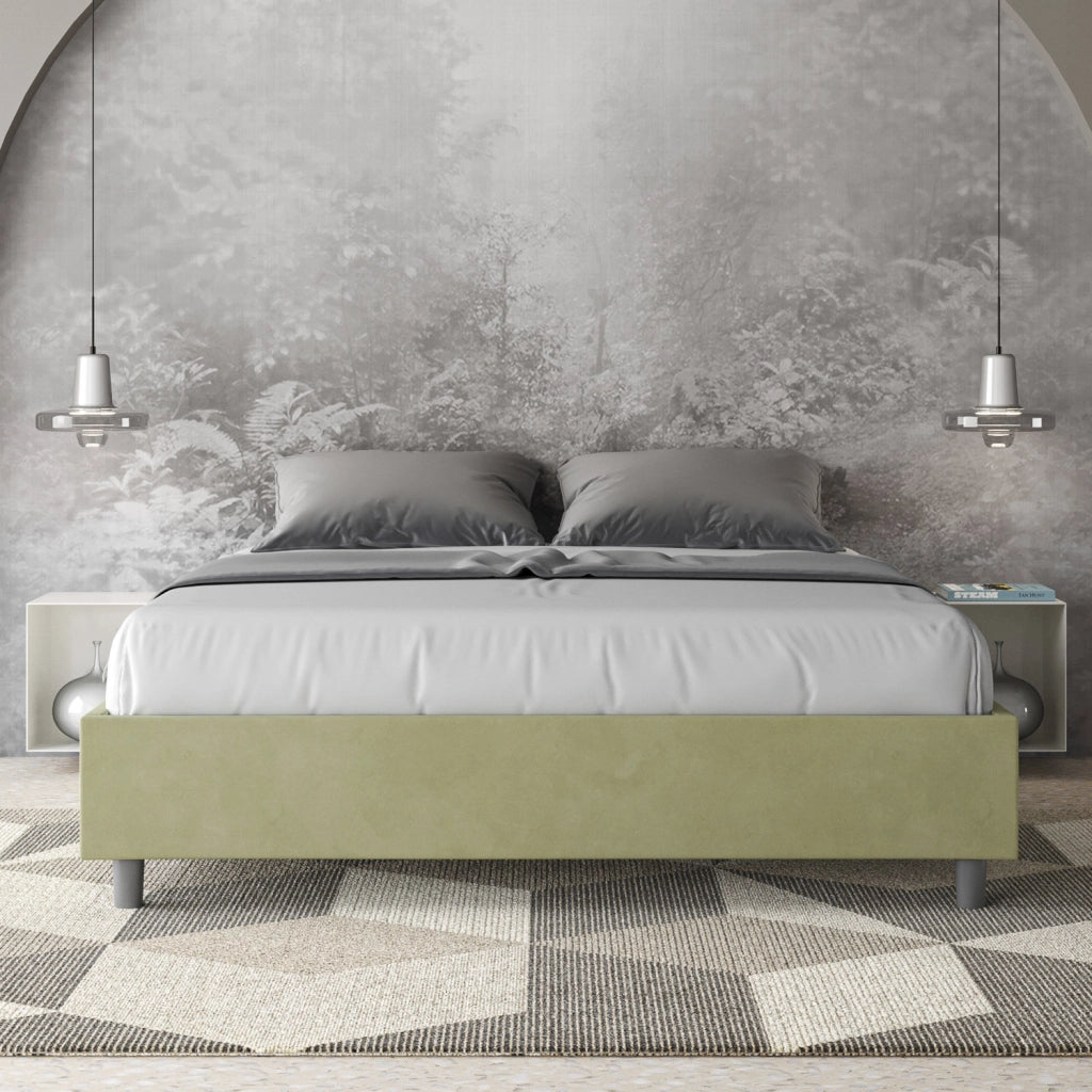 BS COM Letto matrimoniale con rete imbottito 160x190 microfibra tè verde