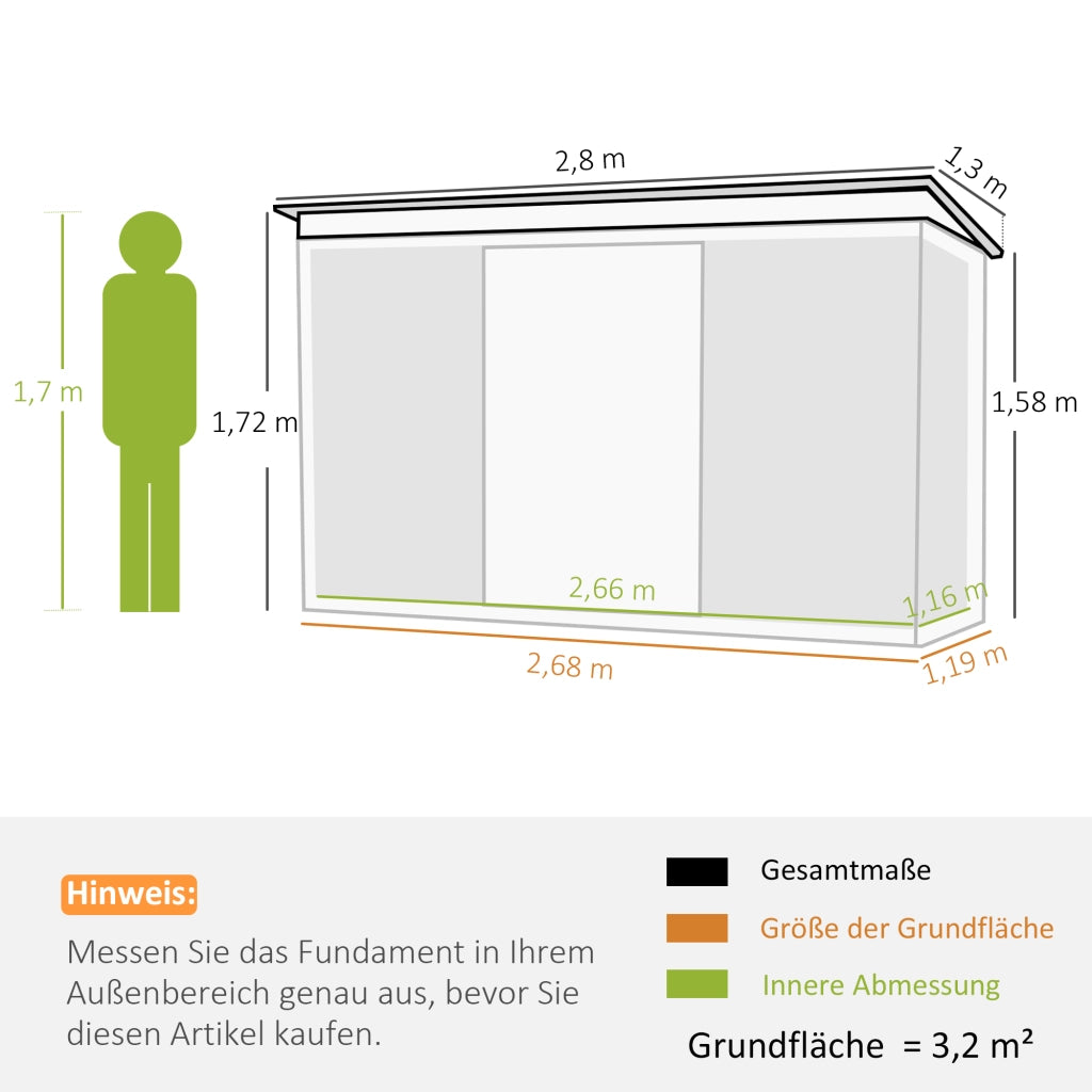 Capanno da giardino; capanno da giardino; capanno da giardino con porta scorrevole; finestra di ventilazione; tetto monopendio; esterno; acciaio; verde scuro; 280 x 130 x 172 cm
