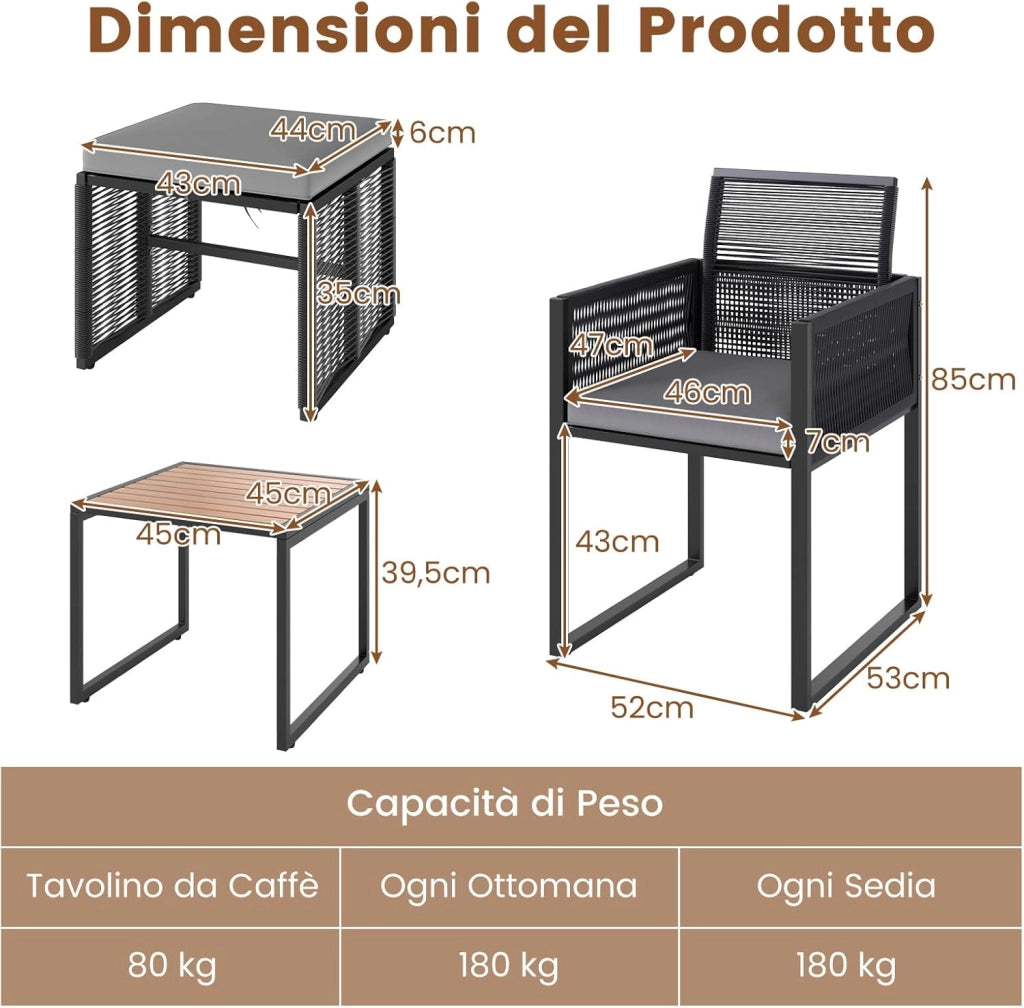 5 Pezzi Set da Esterno in Rattan PE, Set Mobili da Giardino con Cuscini, Sedie Poggiapiedi e Tavolino da Caffè, Poltrone Lounge Salvaspazio per Balcone, Piscina e Cortile