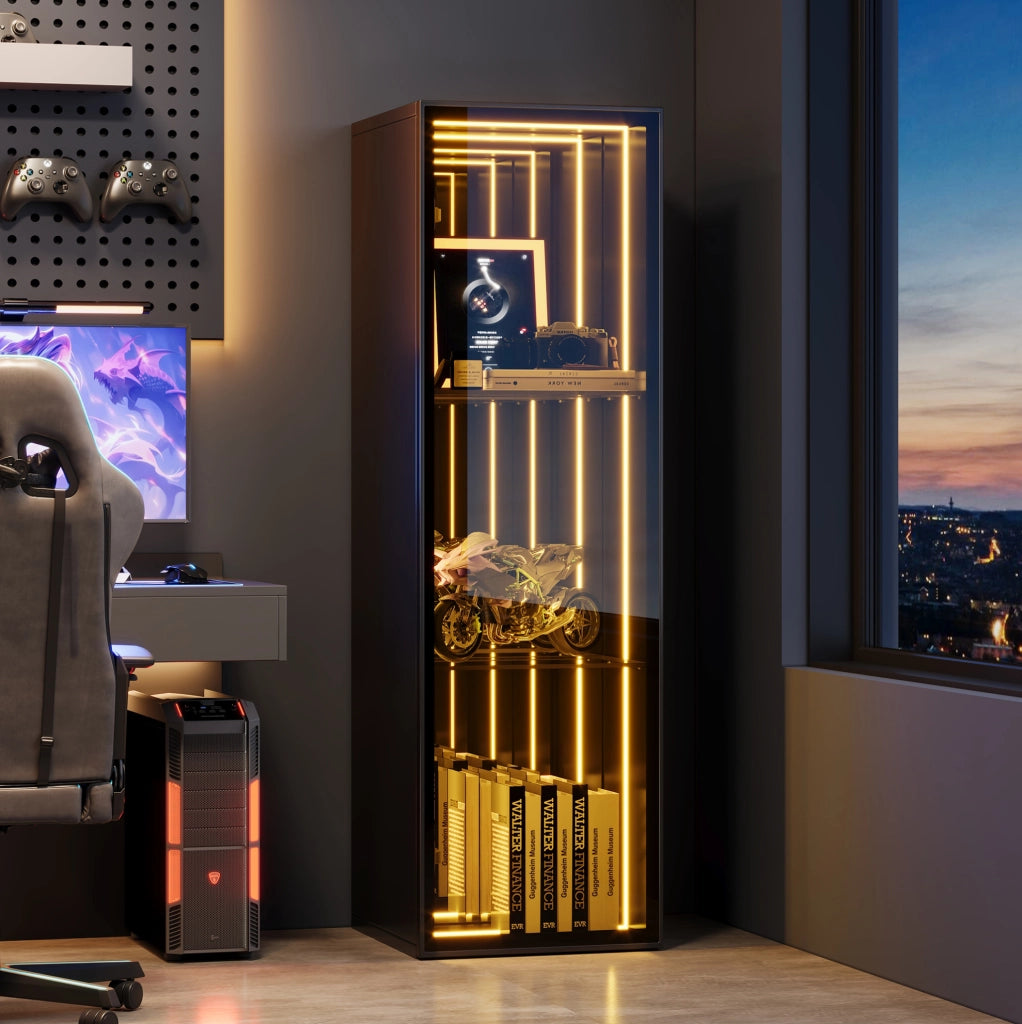 Vetrina 30x30x90 cm con LED e ripiani regolabili in MDF; alluminio e vetro temperato nera