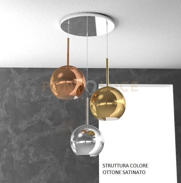 SOSP. OTTONE SAT. TONDA 3 LUCI VETRI TUTTI GRANDE CROMO ORO RAME 1155OS-S3 TG-MC