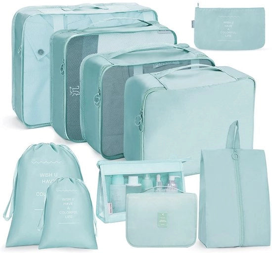 Organizzatori di bagaglio da 10 pezzi per viaggi, organizzatore di valigia, blocchi di imballaggio, set di viaggio impermeabile, per abbigliamento, intimo, scarpe e cosmetici - più blu