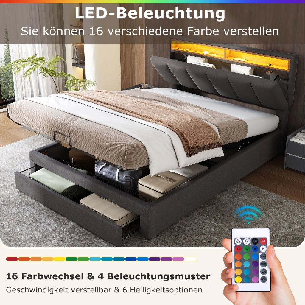 Letto contenitore 160×200 cm; letto matrimoniale con LED; spazio sotto il letto; senza materasso; in acciaio; grigio scuro